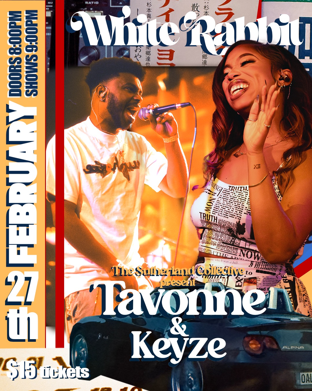 Flyer containing show details for a live music event at the White Rabbit Cabaret in Indianapolis, Indiana on  February 27 2026.